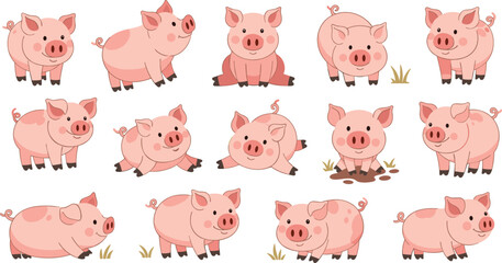 Obraz premium Cute pink piglet vector character sheet set featuring various funny poses playing in mud and sitting isolated on white background for children book and farm animal design.