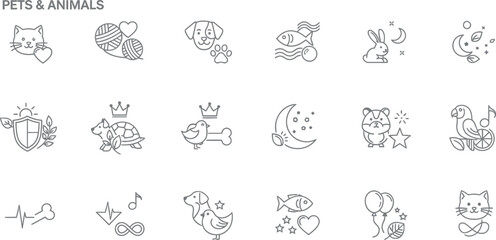 Obraz premium A charming collection of outline style icons representing various beloved pets, animal care, and related concepts for veterinary use.