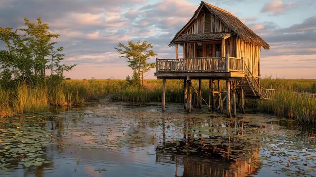 Wooden house on stilts by a pond during sunset in nature  