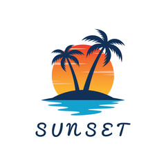 Obraz premium Sunset beach logo with palm tree and ocean