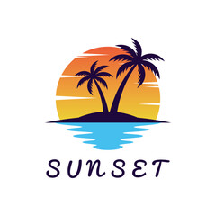 Tropical sunset island logo with palm tree
