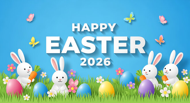 Easter celebration with bunnies and colorful eggs in grass  happy easter 2026 transparent background