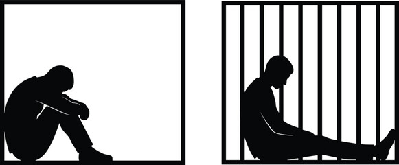 Black silhouette depressed lonely man sitting head down despair prison bars jail cell depression sadness mental health struggle vector illustration set. © Atik