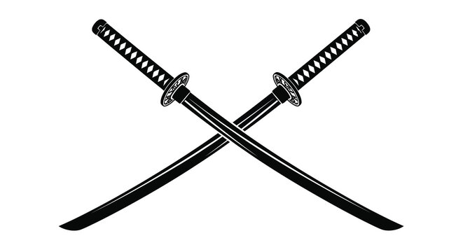 A striking black and white illustration depicts two traditional japanese katanas crossed symbolizing honor warfare and martial arts