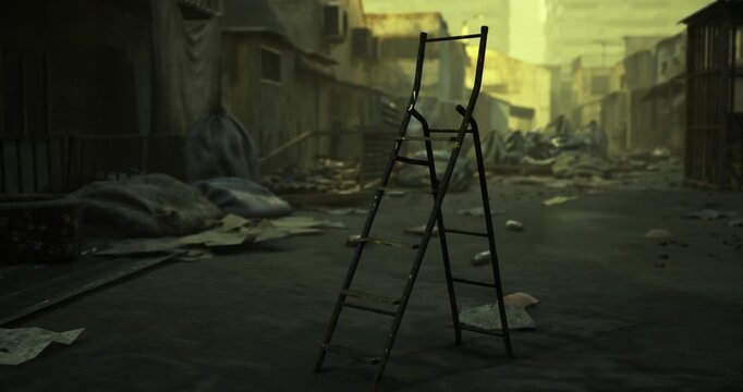 A ladder stands upright on a deserted street surrounded by debris and dilapidated buildings. The atmosphere is eerie, indicating neglect and abandonment in the urban environment.