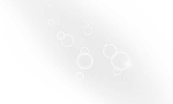 White glowing light sparkle bubbles and lens flare bokeh overlay on transparent background for abstract light effect, glowing particles and shine illumination design