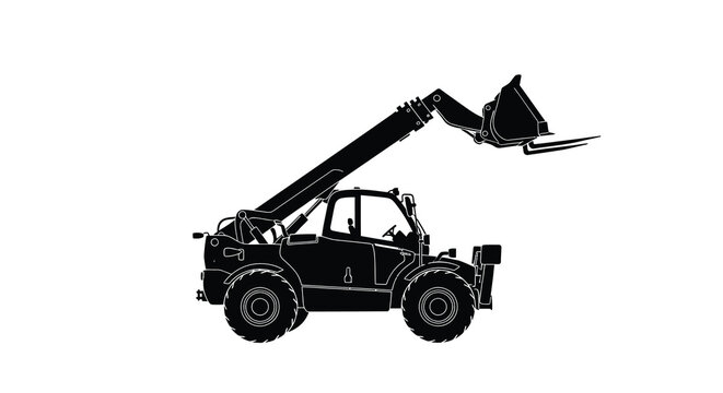 A detailed silhouette of a telescopic handler commonly used in construction and industrial environments is shown high quality professional