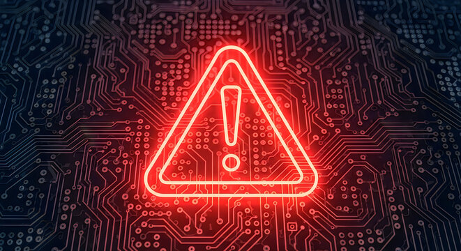 Glowing red warning sign icon on a dark computer circuit board