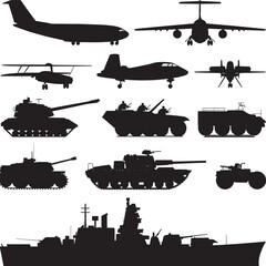 Fototapeta premium Military Vehicles Silhouette Set, Army Tank Aircraft Helicopter Warship Vector Collection