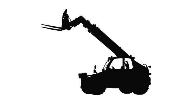 A stark silhouette depicts a powerful telescopic handler its forks extended against a clean white background high quality professional