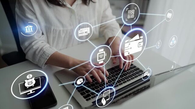 Digital wallet icons show mobile payment, digital wallet transfer, and online banking. Digital wallet supports secure payment, cashless transactions, and financial integration. Funnel