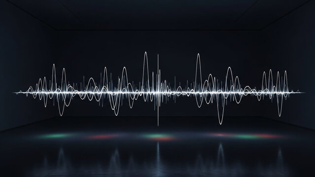 Visual representation of sound waves in a dark room with futuristic sound frequency patterns