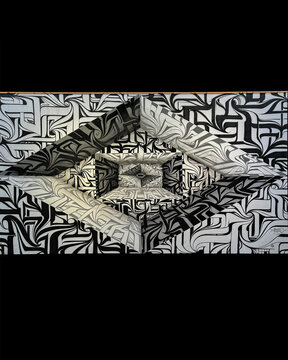 Disegno architettonico isometrico bianco nero con strutture geometriche complesse.