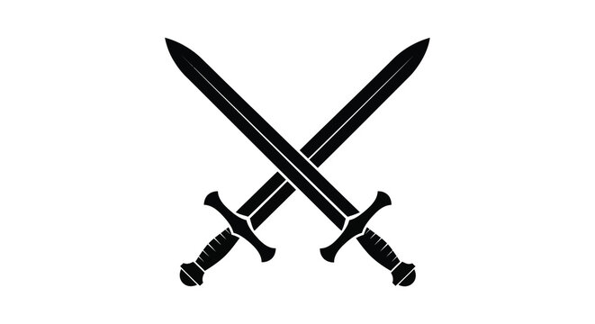 A stark black silhouette depicts two medieval swords crossed at their hilts symbolizing conflict and power high quality professional