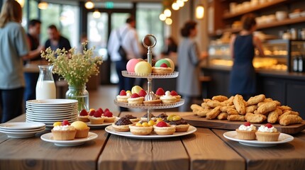 A wooden table in a cozy caf&eacute; is laden with an array of colorful pastries: macarons on a tiered stand, berry-topped tarts, cupcakes, and golden treats. Warm pendant lights glow overhead, with blurred 