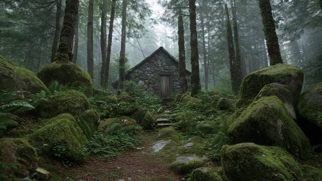 Stone cabin surrounded by mossy rocks in a misty forest  