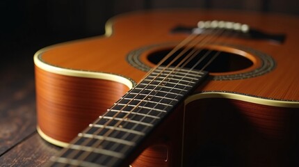 Obraz premium A warm-toned acoustic guitar rests on a dark wooden surface, with its intricate soundhole rosette and fretboard in sharp focus. The moody, low-light setting evokes a cozy, nostalgic atmosphere of quie