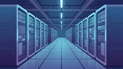 Fototapeta premium Modern Data Center Server Room with Rows of Network Servers, Cloud Computing Infrastructure, Big Data Storage Technology and Digital Information Systems, Flat Illustration