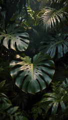 Fototapeta premium Close Up of Large Green Monstera Deliciosa Leaves in Dark Moody Jungle Atmosphere