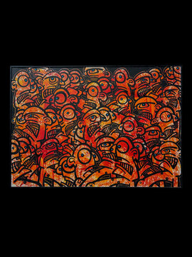 Pattern decorativo rosso arancione con forme organiche ripetute dense.