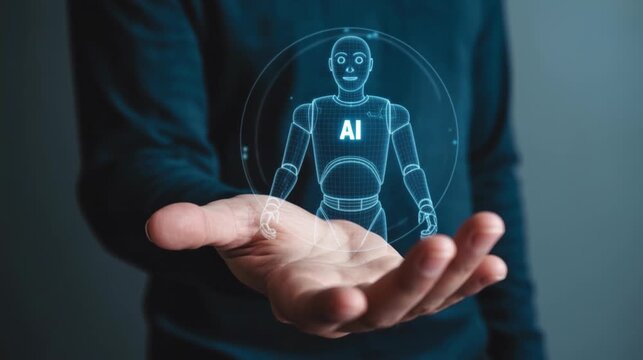 Hand holding robo advisor hologram AI investment assistant 4K 