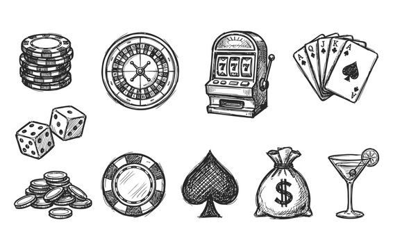 Black ink scribble doodle vector vintage hand drawn illustration of casino gambling, roulette, slot machine, poker cards, dice, and chips.