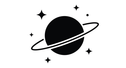 A simple black and white illustration of saturn with rings and surrounding stars © Ferdous_Studio