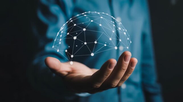 Hand holding peer to peer network hologram distributed connection map 4K 