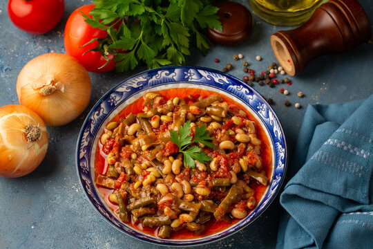 Traditional delicious Turkish food; fresh green black eyed peas food (Turkish name; Zeytinyagli yesil taze borulce or acebek)