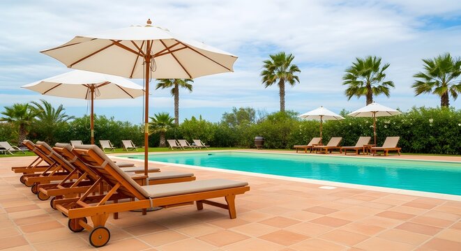 Luxury resort swimming pool with wooden lounge chairs and white umbrellas on sunny tropical beach