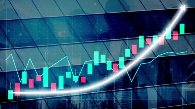 Abstract illustration of a financial growth chart on a glass building. The image combines modern architecture with stock market data, showcasing upward trends and analytics. Copula