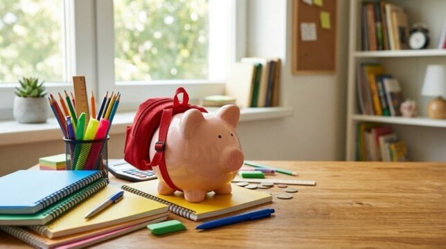 Pink piggy bank with backpack on school desk with stationery. Concept of saving for education college fund university costs student loan and back to school financial planning expenses.