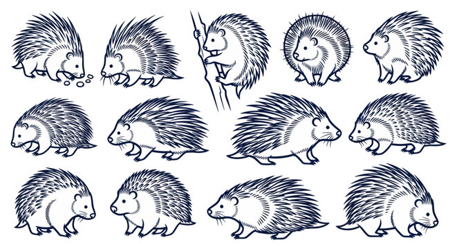 Cute Porcupine Illustrations: Various Poses and Actions