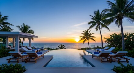 Fototapeta premium Luxury beachfront infinity pool at sunset with palm trees and ocean view in tropical resort