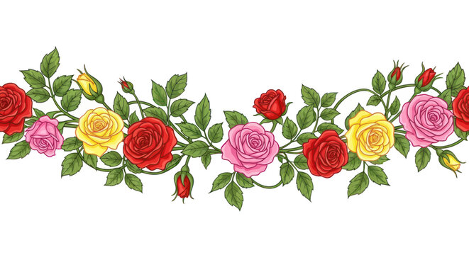 Floral Garland Border with Colorful Roses and Green Leaves - Decorative Element