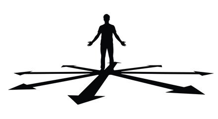 A silhouetted figure stands at a crossroads with arrows pointing in multiple directions © Ferdous_Studio