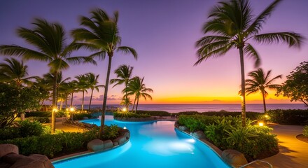 Fototapeta premium Luxury tropical resort infinity pool at sunset with palm trees and ocean view