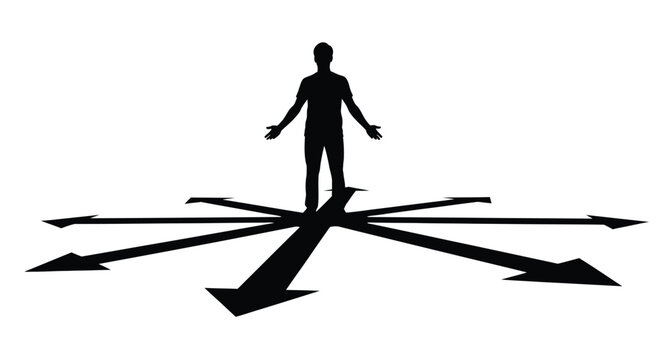 A silhouetted figure stands at a crossroads with arrows pointing in multiple directions