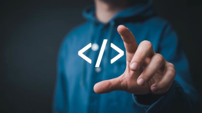 Hand interacting with a single coding bracket hologram icon 