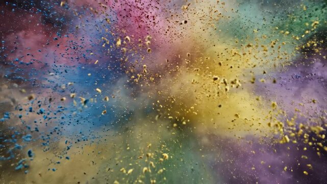 Colorful powder explosion in vibrant hues creating mesmerizing abstract art display. Colorful particles fill the air, forming dynamic patterns with a sense of energy and movement. Ideal for artistic,