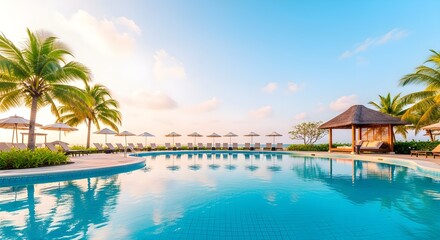 Naklejka premium Luxury resort infinity pool at sunset with palm trees and ocean view in tropical paradise