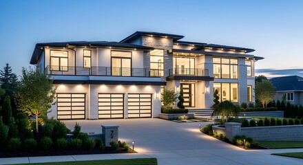 Fototapeta premium Modern luxury two-story house with illuminated exterior at dusk showcasing contemporary architecture and landscaping