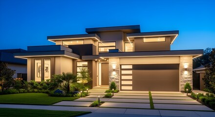 Fototapeta premium Modern luxury two-story house at dusk with warm exterior lighting and landscaped garden