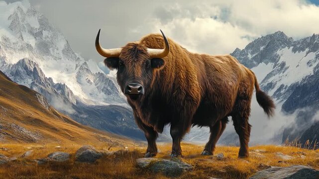 A yak stands on a grassy hill with lush green surroundings