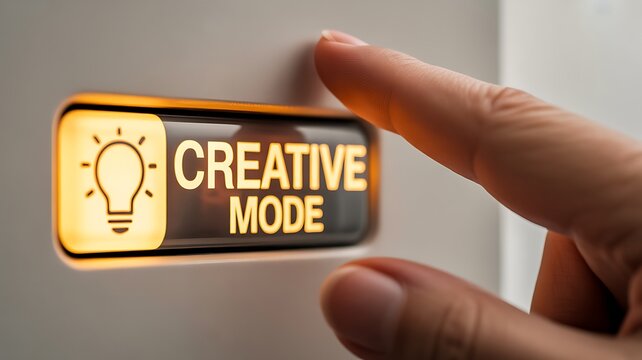 Hand pressing creative mode button with glowing lightbulb icon