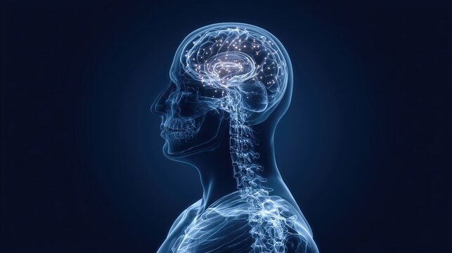 Artificial Intelligence powers brain activity in a glowing translucent human head and spine, symbolizing continuous learning and innovation for business and career development success.