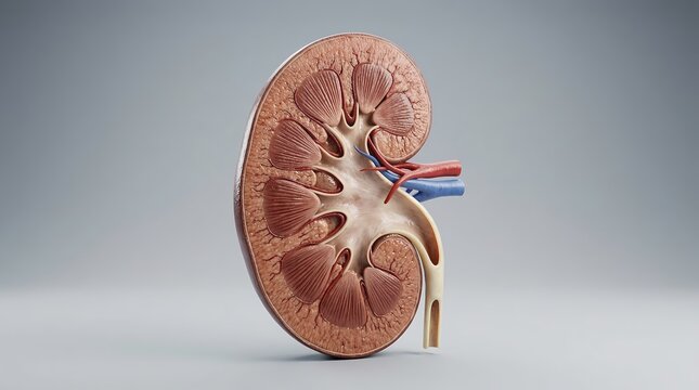 Human kidney anatomy cross section medical illustration showing renal cortex medulla and blood vessels with copy space