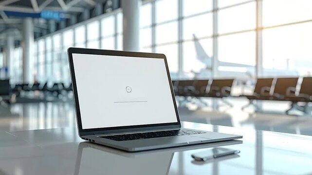 Modern laptop with a blank screen on a table in a bright airport terminal.