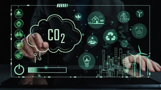 Explore the intersection of technology and sustainability with this interactive image showcasing a finger on a touchscreen displaying green energy icons and CO2 reduction. Cipher