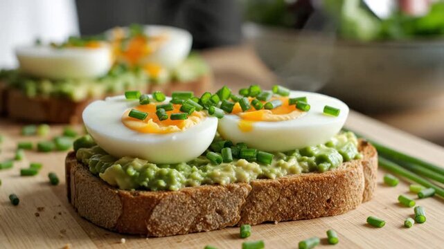 Gourmet avocado toast with soft boiled eggs and fresh chives served on wooden board cinematic clip